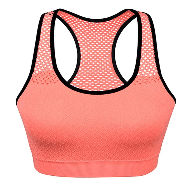 Women's seamless yoga top, coral color, featuring breathable mesh and quick-dry fabric, perfect for workouts and sports.